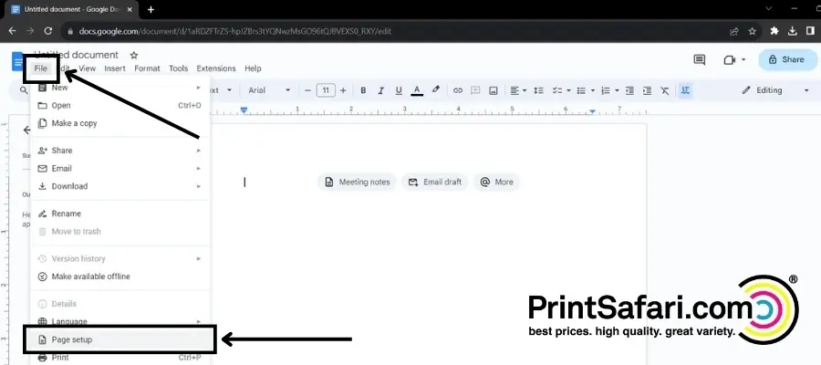 A screenshot instruction to find the page setup option in google docs.
