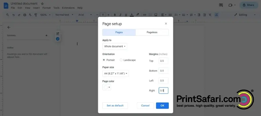 A screenshot of the page setup options in google docs.