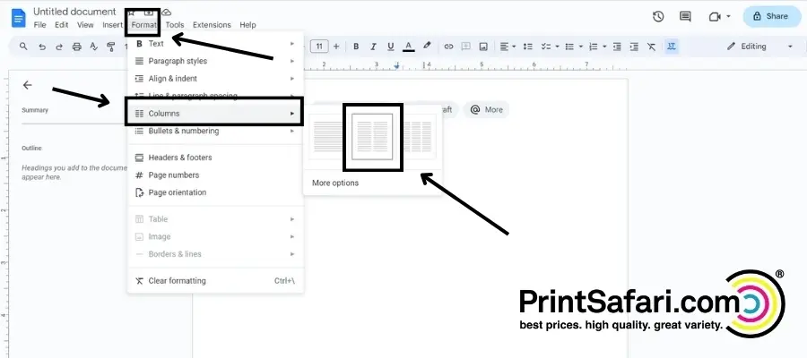 A screenshot displaying the columns option in google docs.