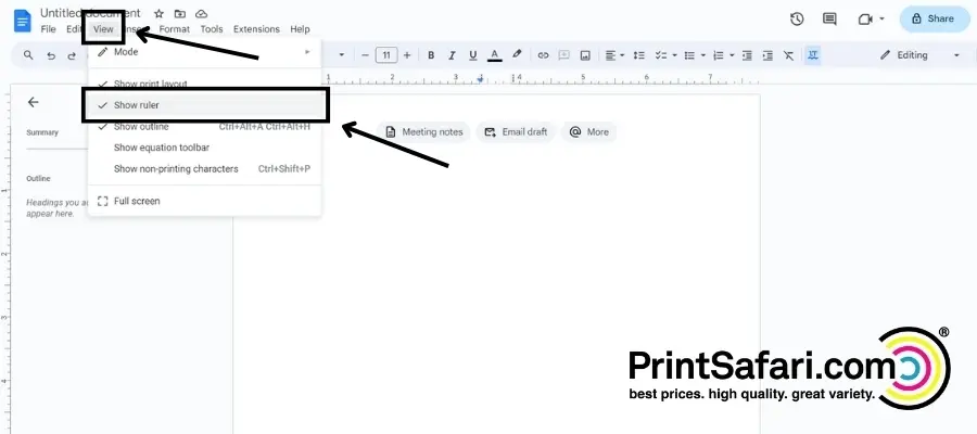 A screenshot showing where to find the ruler option in google docs.