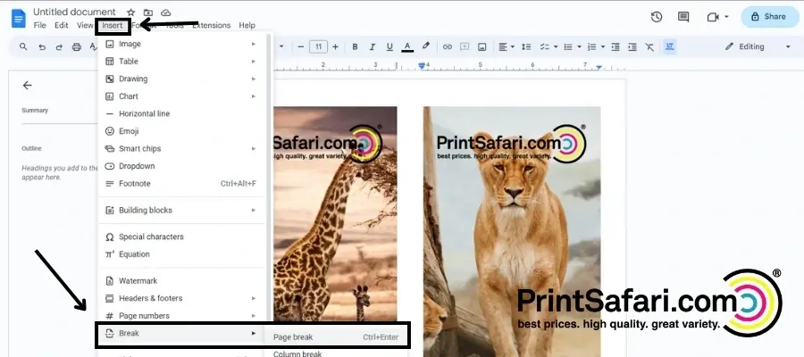 A screenshot showing where to find the page break option in google docs.
