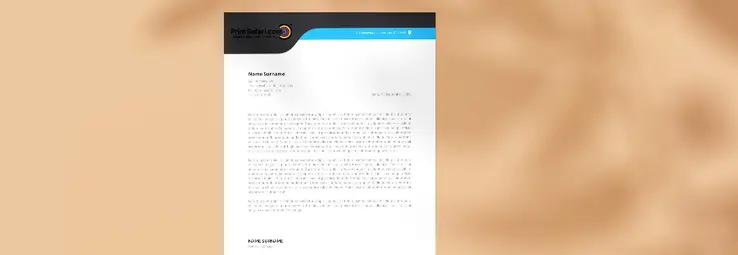 A blue and black letterhead on an orange surface.