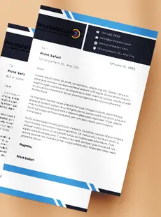 Two black and blue letterheads on top of an orange surface.