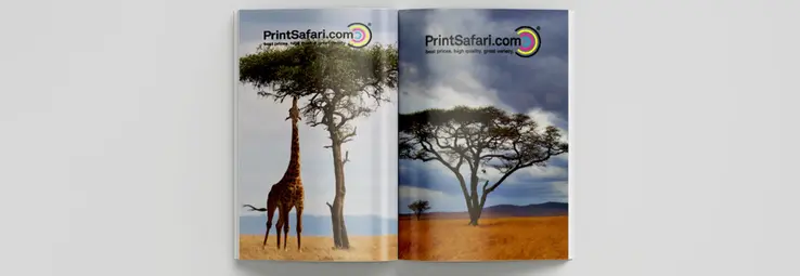 A booklet opened on a gray surface.