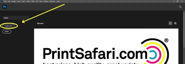 A screenshot of photoshop with an arrow pointing to the "Create New" Button