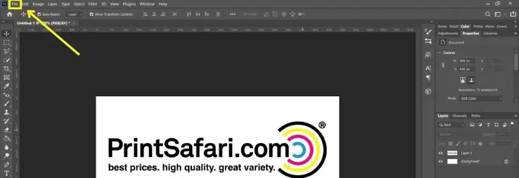 A screenshot of photoshop with an arrow showing towards the 'File' Option.