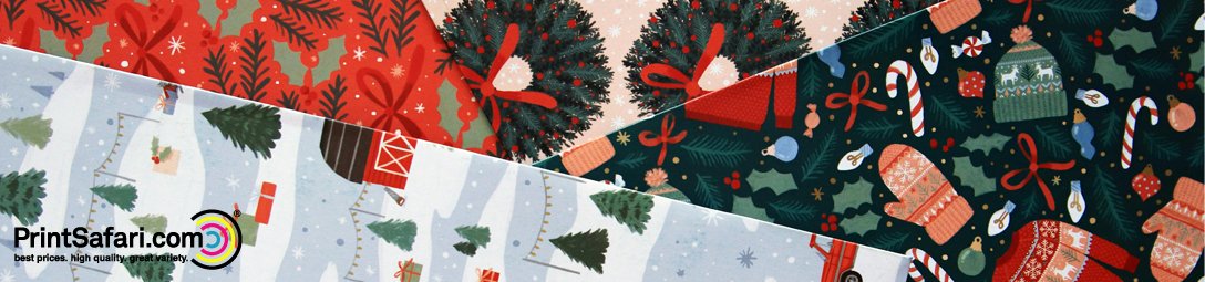 Christmas wrapping paper spread out on a table, featuring festive designs of candy canes, wreaths, and Christmas trees in traditional red, green, and white colors.
