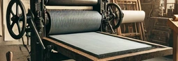 A historical printing press with intricate mechanisms and printing plates, used for producing texts and images.