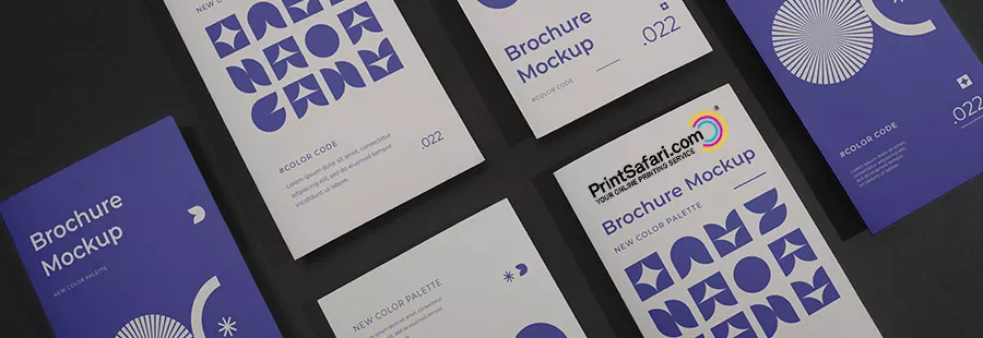 Multiple blue and white colored brochures on a dark surface.