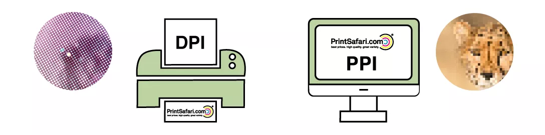 An image transitioning from DPI to PPI in the center, visually demonstrating the difference. The left side represents a printed image with visible CMYK halftone dots (DPI), while the right side shows a digital screen with sharp RGB pixels (PPI). The middle area blends both styles, highlighting the distinction between print and digital resolution.
