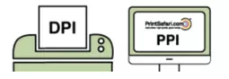 Two icons showing what DPI and PPI are. On the left, a logo on a monitor as an example for DPI, and on the right, a piece of paper with the logo coming from a printer for PPI.