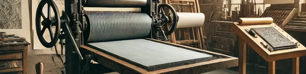 A historical printing press with intricate mechanisms and printing plates, used for producing texts and images.
