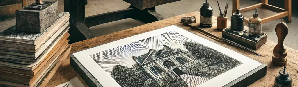 An antique desk with a freshly printed image lying on it, serving as the focal point of the scene.