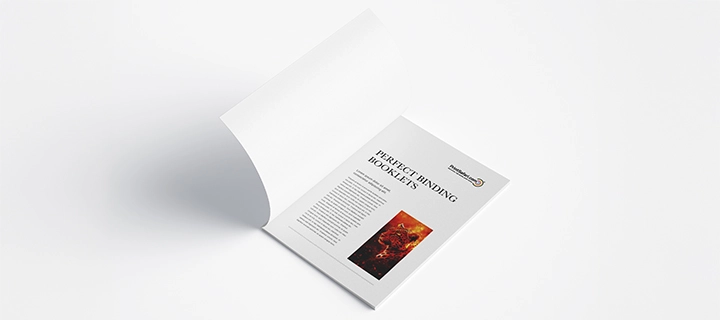 An open perfect binding booklet displaying the first page to showcase how the cover looks when lifted.