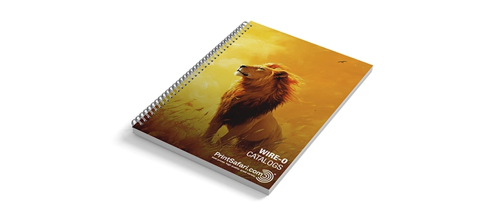 Wire-O bound catalog featuring a side view of a lion sitting on desert ground, looking toward the sun in the top left corner of the cover.