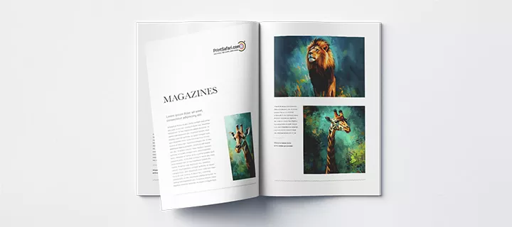 Open magazine with two pages visible; the left page features an article with a picture of a giraffe, and the right page shows the rest of the article with a picture of a male lion and another giraffe.