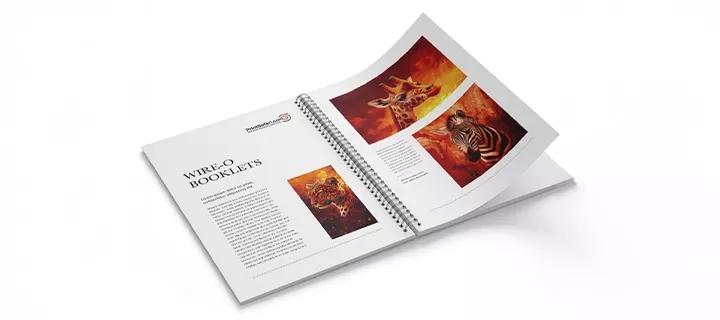 An open Wire-O booklet showcasing vivid product pages and engaging content, emphasizing the durability and functionality of Wire-O binding.