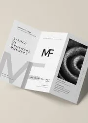 Modern tri-fold brochure design featuring clean layout and monochrome branding