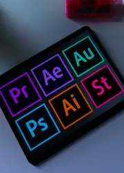 A tablet displaying logos of various photo editing programs, showcasing creative tools.
