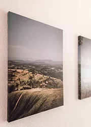 Framed landscape photographs on a white wall, depicting rolling hills and distant mountains.