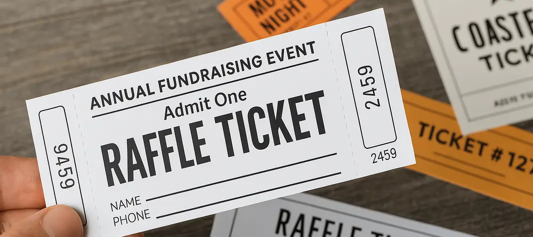 A white raffle ticket to an annual fundraising event.