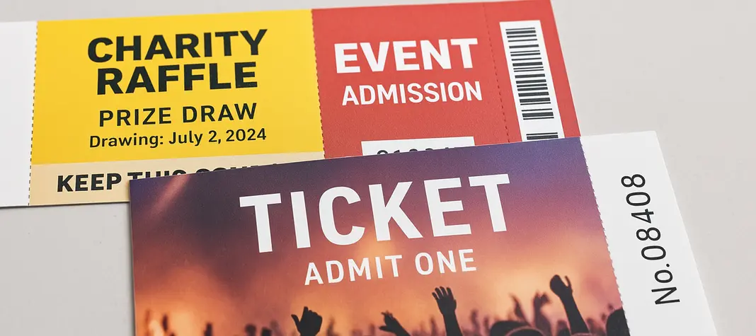 Two colorful tickets on a light gray background.