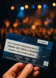 A hand holding a ticket in front of a concert crowd.