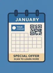 Illustrated January calendar with company branding and QR code for digital integration.