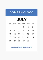 Simple branded calendar layout for July, with company logo and website prominently featured.