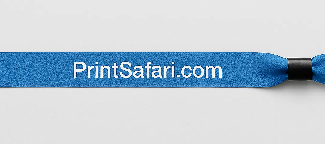 A digital photograph of a yellow Tyvek wristband printed with the PrintSafari.com logo, lying flat on a light gray textured surface