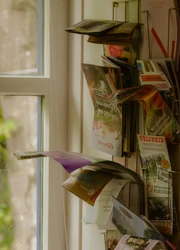 Many Flyers hanging out of a shelf