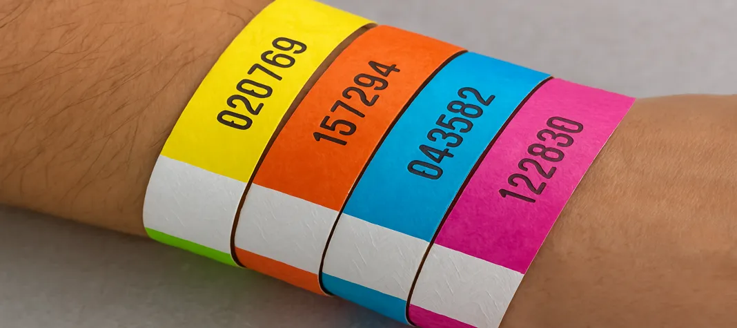 Close-up of a wrist wearing colorful Tyvek wristbands with serial numbers