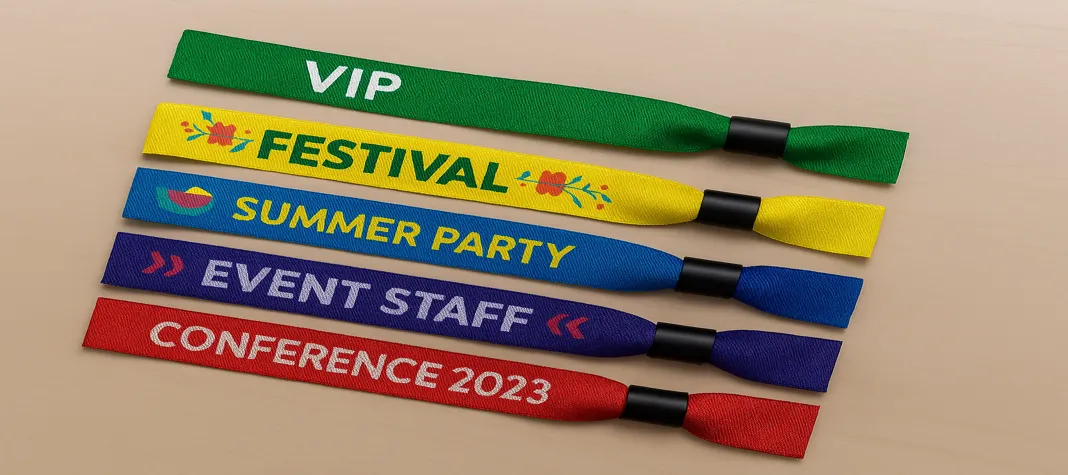 Colorful fabric wristbands laid out on a wooden table, showing detailed woven patterns and text