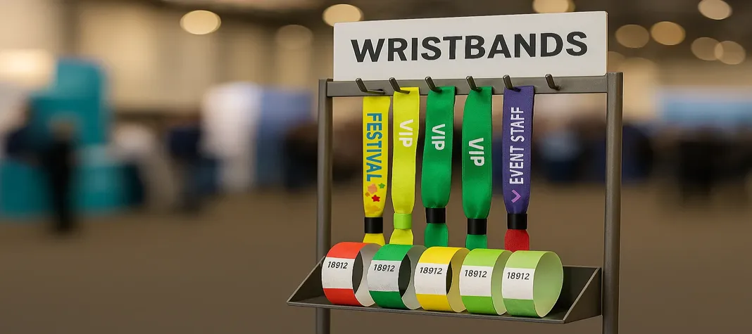 Fabric and Tyvek wristbands displayed on a rack at a trade show booth with a blurred event background