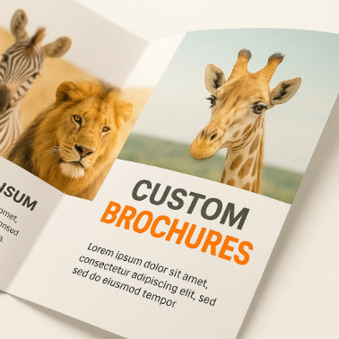 Close-up of a brochure cover with lion and giraffe images, titled 