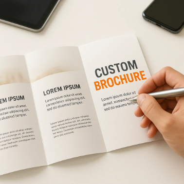 Hand opening a tri-fold brochure with minimalistic design and the title 