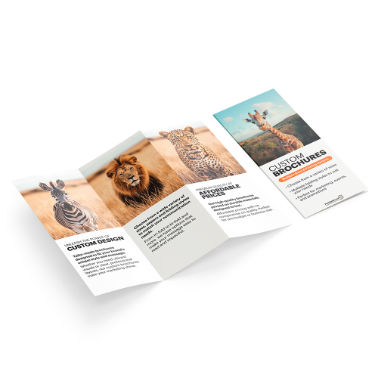 Set of custom tri-fold brochures arranged in a staggered layout, featuring animal images and clean, modern design, on a white background.
