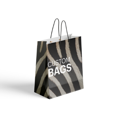 Custom paper shopping bag with black handles, featuring a bold zebra stripe design and the text 