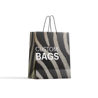 Custom paper shopping bag with black handles, featuring a bold zebra stripe design and the text