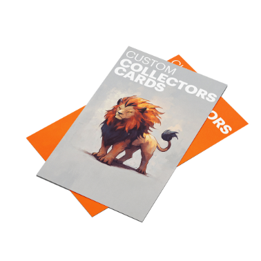 Set of custom trading cards, with the top card featuring a stylized lion illustration and the text custom collectors cards