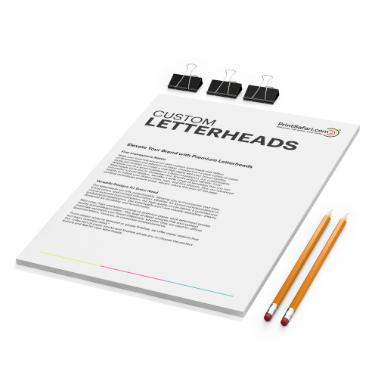 Stack of custom letterheads with minimalist black text and color markers at the bottom, held together with black clips, accompanied by two yellow pencils on a white surface.