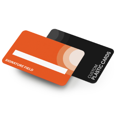 Two plastic cards with rounded corners, featuring a bold orange and black modern design, slightly overlapped on a white background.