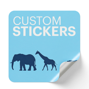 Square blue custom sticker with white custom stickers text and dark blue silhouettes of an elephant giraffe, with one corner slightly peeled.