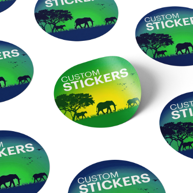 Square blue custom sticker with white custom stickers text and dark blue silhouettes of an elephant giraffe, with one corner slightly peeled.