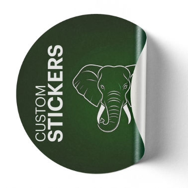 Square blue custom sticker with white custom stickers text and dark blue silhouettes of an elephant giraffe, with one corner slightly peeled.