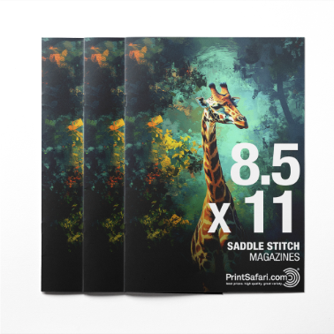 Stack of four saddle-stitched magazines with a jungle-themed giraffe cover design and the dimensions