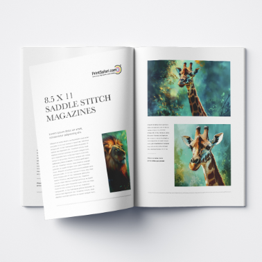 Opened magazine showing interior layout with text and full-color giraffe imagery, placed flat against a white background.