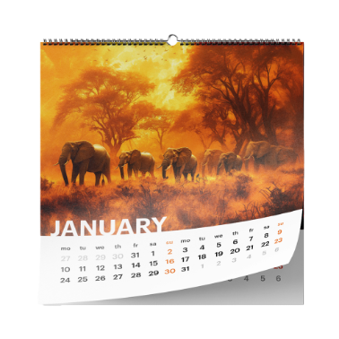 Wall calendar showing January with a photograph of elephants at sunset and curved page corners, spiral-bound at the top.