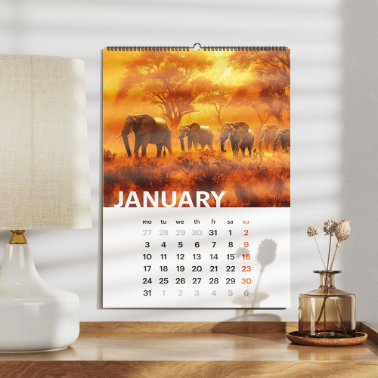 January wall calendar with elephant sunset image hanging above a home workspace with neutral decor and natural light.