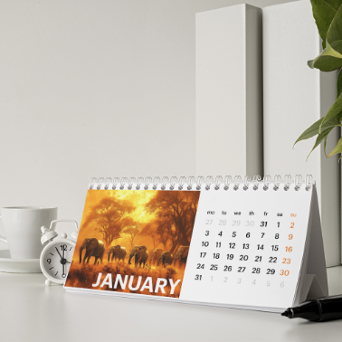 Spiral-bound desk calendar showing the month of January with an elephant safari image, placed on a modern white desk alongside a clock, cup, and plant.